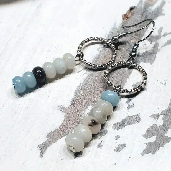 Amazonite Gemstone Rondelle Beads Textured Silver Ring Handcrafted Earrings - Picture 9 of 11